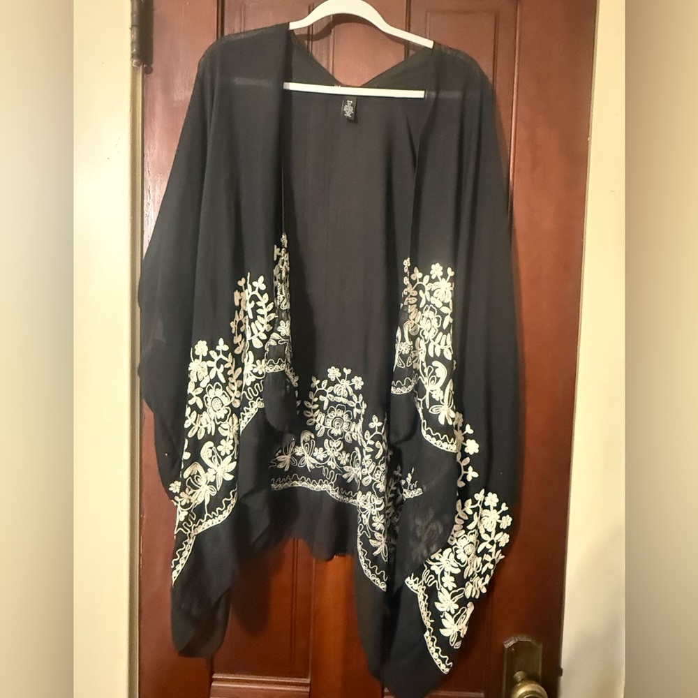 INC black and white embroidered draped shawl